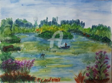 Schilderij getiteld "LE MARAIS DE HAMEL…" door Brigitte Payen (B.PAYEN), Origineel Kunstwerk, Aquarel Gemonteerd op Glas