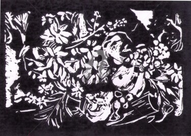 Printmaking titled "Composition florale…" by Brigitte Payen (B.PAYEN), Original Artwork, Linocuts