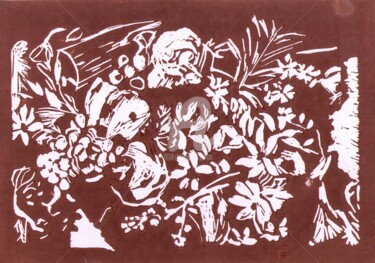 Estampas & grabados titulada "Composition florale…" por Brigitte Payen (B.PAYEN), Obra de arte original, Linograbados