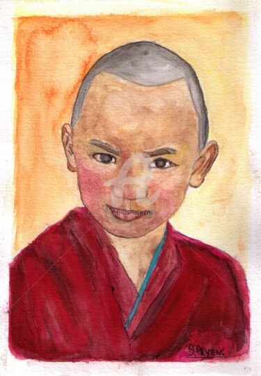 Peinture intitulée "Petit moine Bouddhi…" par Brigitte Payen (B.PAYEN), Œuvre d'art originale, Aquarelle Monté sur Châssis e…