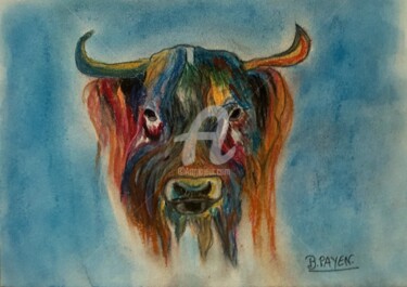 Zeichnungen mit dem Titel "Taureau multicolore" von Brigitte Payen (B.PAYEN), Original-Kunstwerk, Pastell Auf Glas montiert