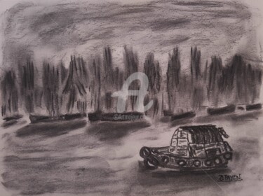 Desenho intitulada "Balade en jonque 2" por Brigitte Payen (B.PAYEN), Obras de arte originais, Carvão