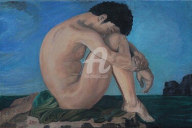 Painting titled "Jeune homme nu assi…" by Brigitte Payen (B.PAYEN), Original Artwork, Oil Mounted on Wood Stretcher frame