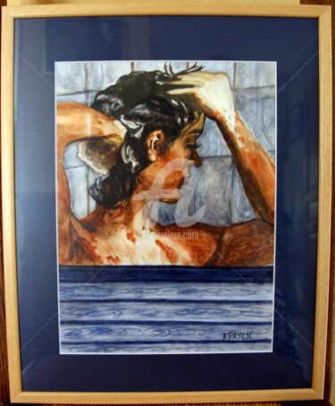 Painting titled "SOUS LA DOUCHE" by Brigitte Payen (B.PAYEN), Original Artwork, Watercolor Mounted on Glass