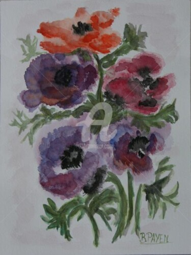 Painting titled "BOUQUET D’ANÉMONES" by Brigitte Payen (B.PAYEN), Original Artwork, Oil