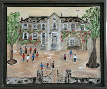 Painting titled "L ECOLE AU BORD DU…" by Brigitte Payen (B.PAYEN), Original Artwork, Oil Mounted on Wood Stretcher frame