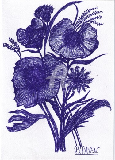 Drawing titled "Coquelicots bleuets…" by Brigitte Payen (B.PAYEN), Original Artwork, Conté
