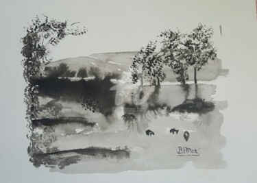 Dessin intitulée "paysage-pastoral-2.…" par Brigitte Payen (B.PAYEN), Œuvre d'art originale, Encre