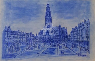 Painting titled "BEFFROI D'ARRAS 62…" by Brigitte Payen (B.PAYEN), Original Artwork, Watercolor Mounted on Glass