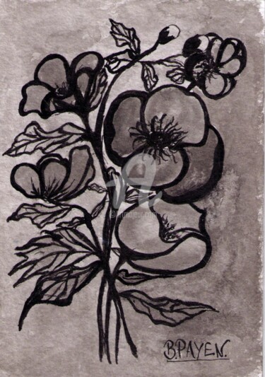 Dessin intitulée "fleurs à l'encre de…" par Brigitte Payen (B.PAYEN), Œuvre d'art originale, Encre