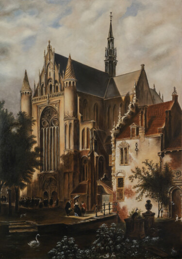 Картина под названием "Eglise de Leiden, d…" - Brigitte Rosa, Подлинное произведение искусства, Масло