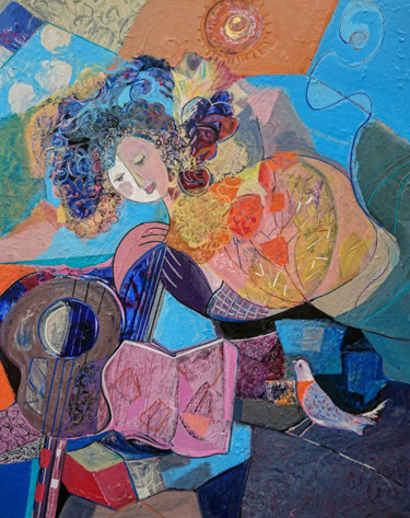 Painting titled "La femme et l'oiseau" by Brigitte Szpiro, Original Artwork, Acrylic