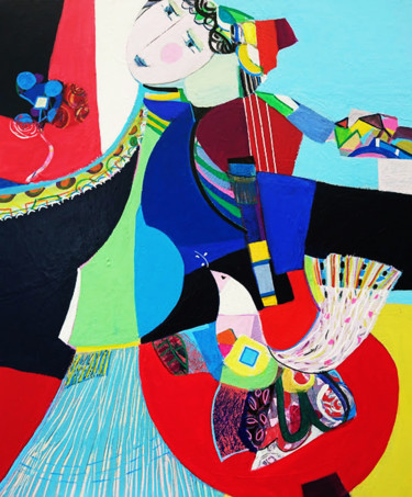 Painting titled "Femme violoncelle" by Brigitte Szpiro, Original Artwork, Acrylic