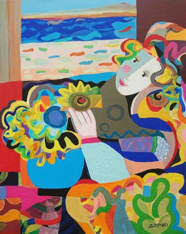 Schilderij getiteld "Femme à la fenêtre" door Brigitte Szpiro, Origineel Kunstwerk, Acryl