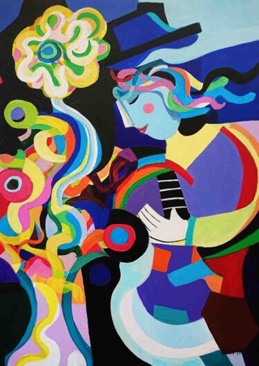 Malerei mit dem Titel "Un air de guitare" von Brigitte Szpiro, Original-Kunstwerk, Acryl