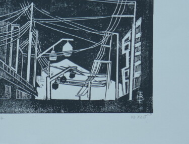 Druckgrafik mit dem Titel "FUJIYOSHIDA" von Brigitte Tabellion Neuve-Eglise (enerenroad), Original-Kunstwerk, Linoldrucke