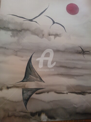 Dessin intitulée "bateau broullard" par Brigitte Baspeyras, Œuvre d'art originale, Encre