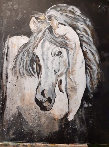 Painting titled "Le cheval blanc  1" by Brigitte Bodo, Original Artwork, Acrylic Mounted on Wood Stretcher frame