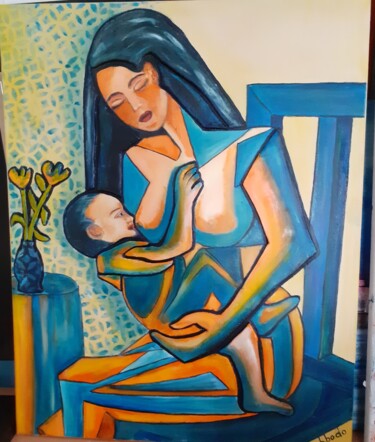 Painting titled "un amour maternel" by Brigitte Bodo, Original Artwork, Oil Mounted on Wood Stretcher frame
