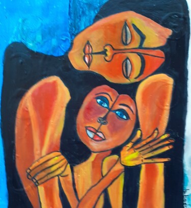 Painting titled "Tendrement à deux" by Brigitte Bodo, Original Artwork, Oil Mounted on Wood Stretcher frame