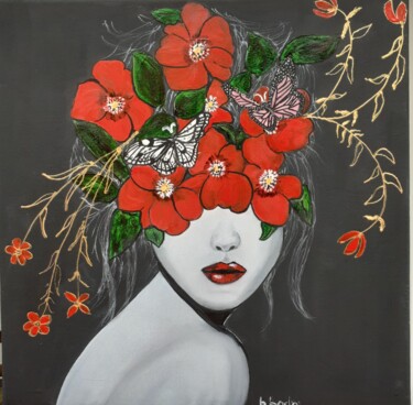 Pintura intitulada "Femme fleurs numéro…" por Brigitte Bodo, Obras de arte originais, Óleo Montado em Armação em madeira