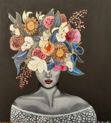 Malarstwo zatytułowany „Femme Fleurs” autorstwa Brigitte Bodo, Oryginalna praca, Olej Zamontowany na Drewniana rama noszy