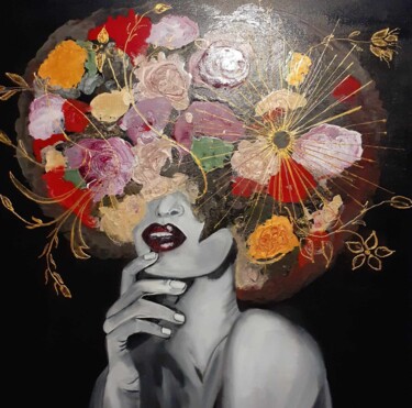 Painting titled "Femme  Fleurs" by Brigitte Bodo, Original Artwork, Enamel