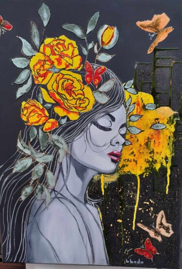 绘画 标题为“femme fleurs 6” 由Brigitte Bodo, 原创艺术品, 油 安装在木质担架架上