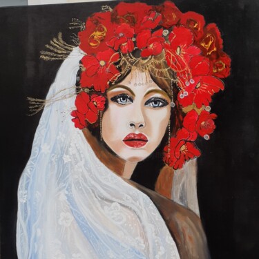 Malarstwo zatytułowany „Femme fleurs   6” autorstwa Brigitte Bodo, Oryginalna praca, Emalia Zamontowany na Drewniana rama no…