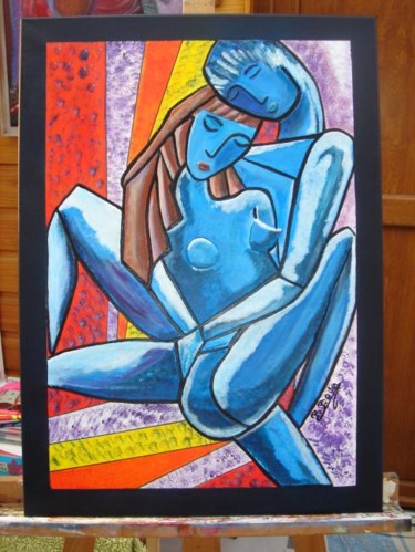 Painting titled "le couple bleu" by Brigitte Bodo, Original Artwork, Oil