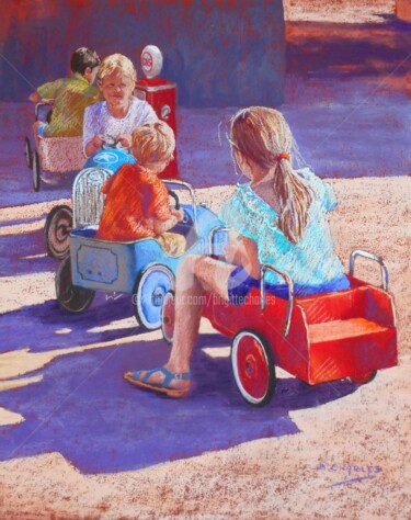 Painting titled "Embouteillage à la…" by Brigitte Charles, Original Artwork, Pastel Mounted on Glass