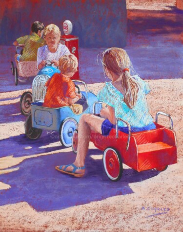 Painting titled "Embouteillage à la…" by Brigitte Charles, Original Artwork, Pastel Mounted on Glass