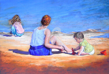 Peinture intitulée "En Famille à la Pla…" par Brigitte Charles, Œuvre d'art originale, Pastel