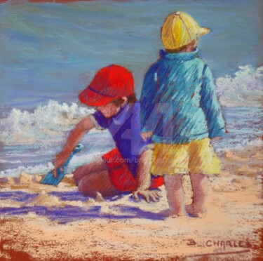 Painting titled "Sur la Plage" by Brigitte Charles, Original Artwork, Pastel