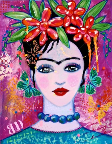 Painting titled "Viva Frida 2" by Brigitte Dravet, Original Artwork, Acrylic Mounted on Wood Stretcher frame