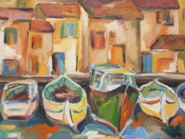 「barques au port」というタイトルの絵画 Brigitte Godeauによって, オリジナルのアートワーク, オイル ウッドストレッチャーフレームにマウント