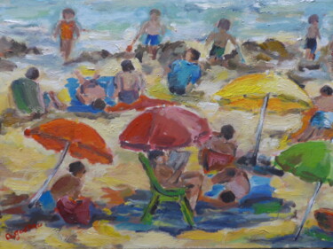 Painting titled "La plage" by Brigitte Godeau, Original Artwork, Oil Mounted on Wood Stretcher frame