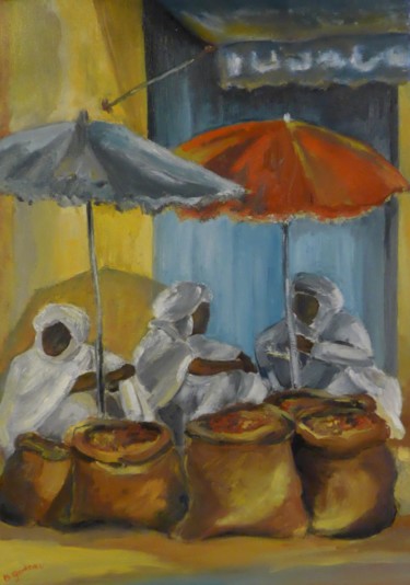 Peinture intitulée "le parasol rouge" par Brigitte Godeau, Œuvre d'art originale, Huile