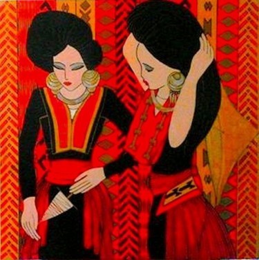 Painting titled "Chez les Hmong Fleu…" by Brigitte Jeanneau Bonnet, Original Artwork, Acrylic Mounted on Wood Stretcher frame