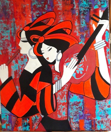 Schilderij getiteld "Musiciennes" door Brigitte Jeanneau Bonnet, Origineel Kunstwerk, Acryl Gemonteerd op Frame voor houten…