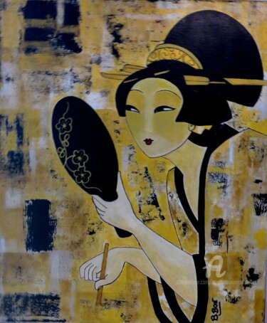 Painting titled "Geisha à Eido" by Brigitte Jeanneau Bonnet, Original Artwork, Acrylic Mounted on Wood Stretcher frame
