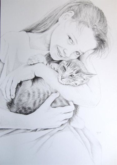Painting titled "Girl with cat" by Brigitte Kohlhepp, Original Artwork