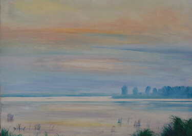 Painting titled "Evening Lake" by Sergei Smv, Original Artwork, Oil Mounted on Other rigid panel