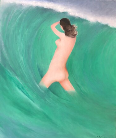 Painting titled "Nu dans la vague" by Marthe Brilman, Original Artwork, Oil Mounted on Wood Stretcher frame