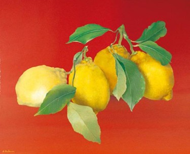 Peinture intitulée "Citrons sur fond ro…" par Marthe Brilman, Œuvre d'art originale, Huile