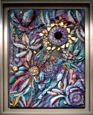 Painting titled "floral relief" by Jean-Jacques Briquet, Original Artwork, Oil Mounted on Wood Stretcher frame