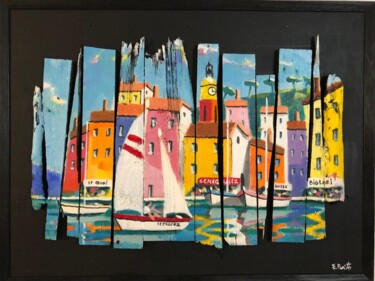 Painting titled "vue sur st tropez" by Esteves Brito, Original Artwork, Acrylic Mounted on Wood Stretcher frame