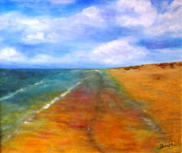 Painting titled "Sur la plage" by Britt, Original Artwork, Oil Mounted on Wood Stretcher frame