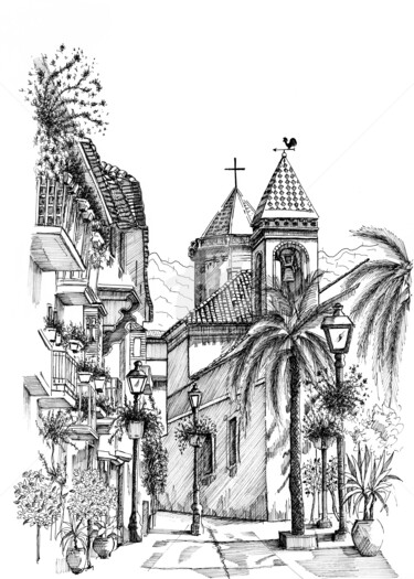 Disegno intitolato "Marbella-Spain" da Franko Brkac, Opera d'arte originale, Inchiostro