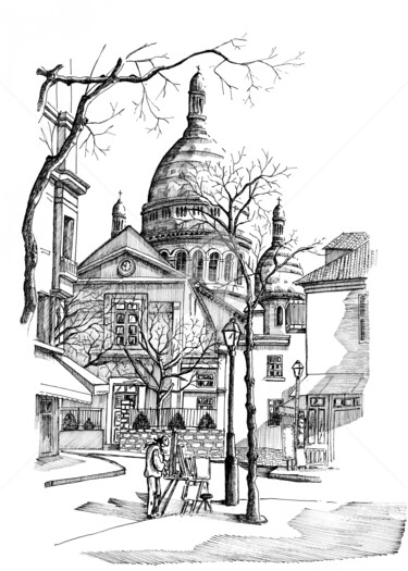Disegno intitolato "Montmartre-Paris -F…" da Franko Brkac, Opera d'arte originale, Inchiostro